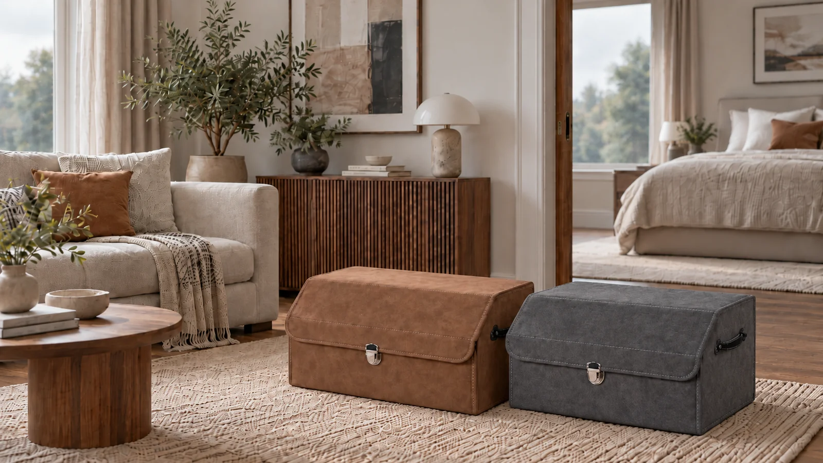 MyKitGo Boxen in Camel und Grau in einem wohnlichen Raum